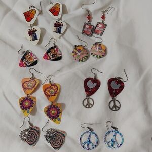 8 Pair Colorful Peace and Love Earrings Set Beatles Peter Max Guitar Pick
